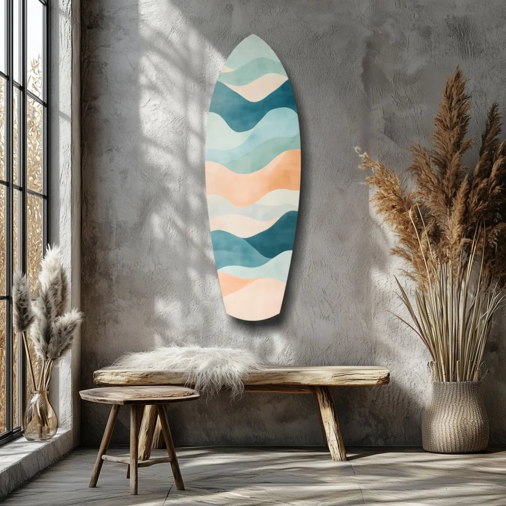 Surfboard tempered glass art with wavy teal, peach, cream stripes