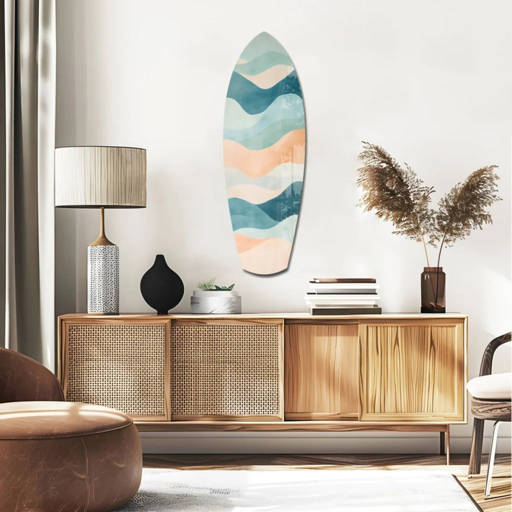 Surfboard Tempered Glass Art with Ocean Waves | Glass Wall Art Print | vintageantiquesgifts.com
