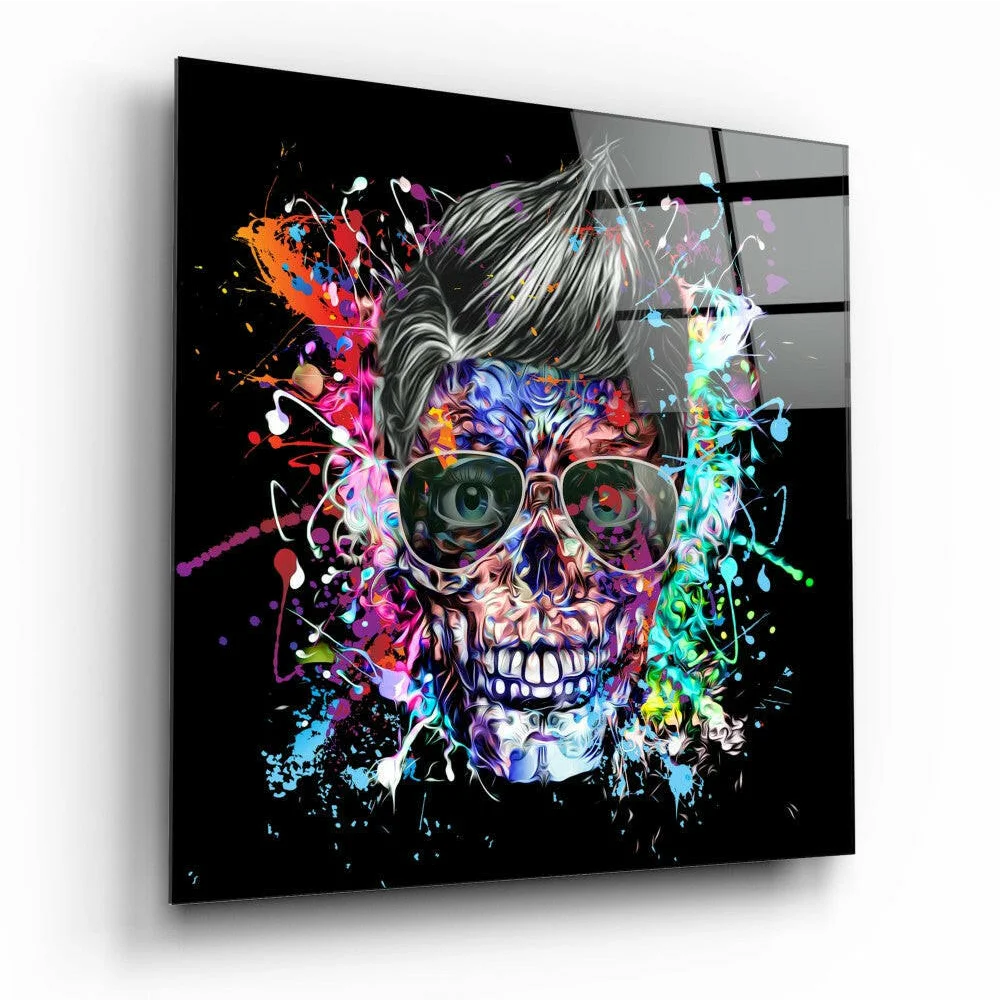 Vibrant graffiti skull in sunglasses on glossy black glass wall art