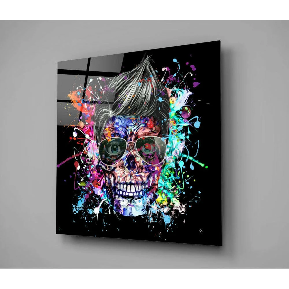 Vibrant neon skull glass wall art with graffiti sunglasses and paint splashes