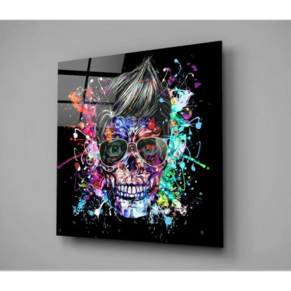 Vibrant neon skull glass wall art with graffiti sunglasses and paint splashes