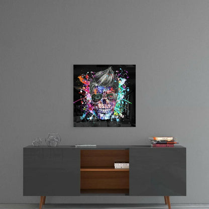 Vibrant neon skull glass wall art with rainbow paint splashes