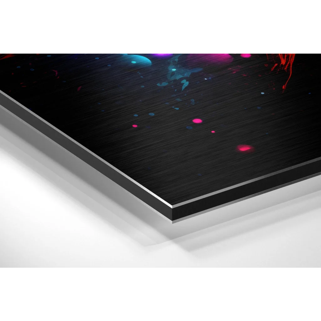 Vibrant neon splatter on brushed aluminium dibond wall art