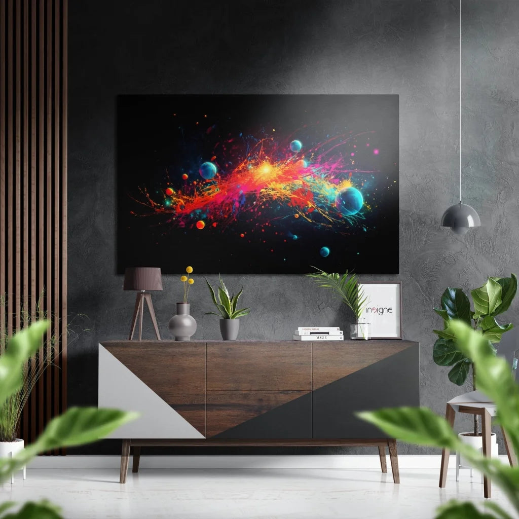 Vibrant cosmic explosion on brushed aluminium dibond print