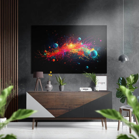 Vibrant cosmic explosion on brushed aluminium dibond print