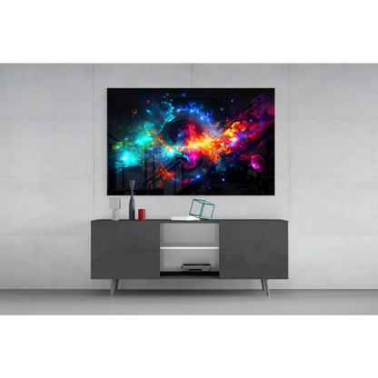 Vibrant cosmic nebula glass wall art with swirling blue teal magenta orange hues