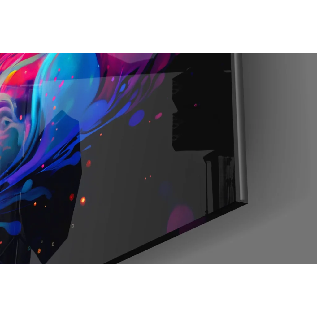 Sleek TV with vibrant abstract glass wall art in blues and purples