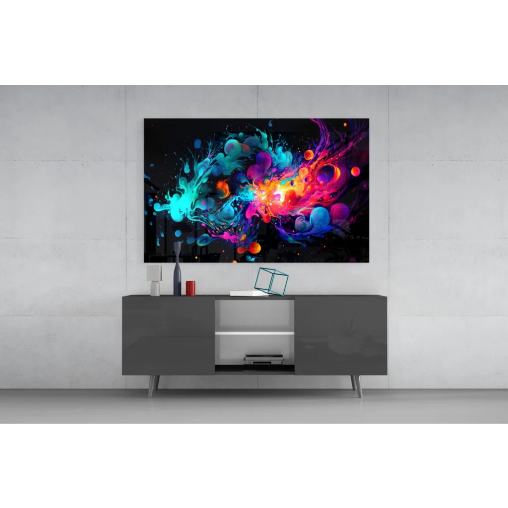 Vibrant abstract digital glass wall art on sleek modern TV screen