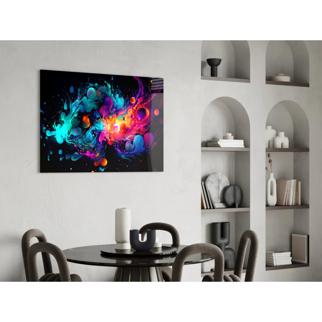 Vibrant teal, magenta, orange, purple abstract glass wall art print