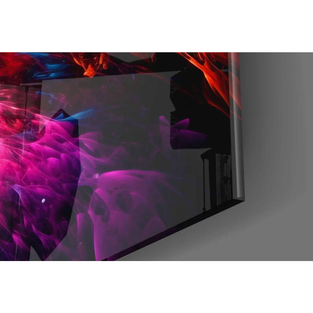 Sleek TV showing Cosmic Nebula glass wall art with swirling purple hues