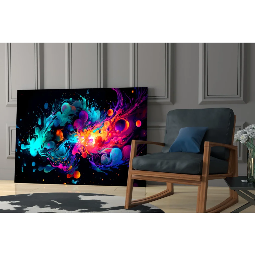 Vibrant glass wall art print of swirling neon blues on black
