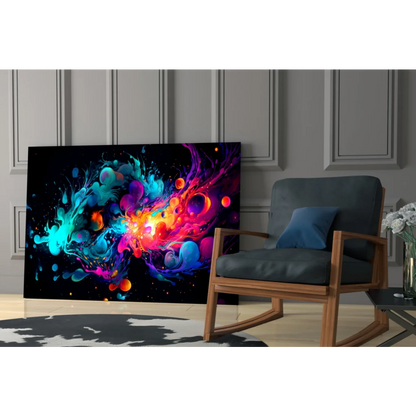 Vibrant glass wall art print of swirling neon blues on black