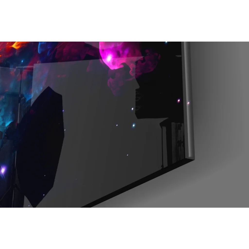 Sleek cosmic nebula glass wall art with swirling galaxy colors