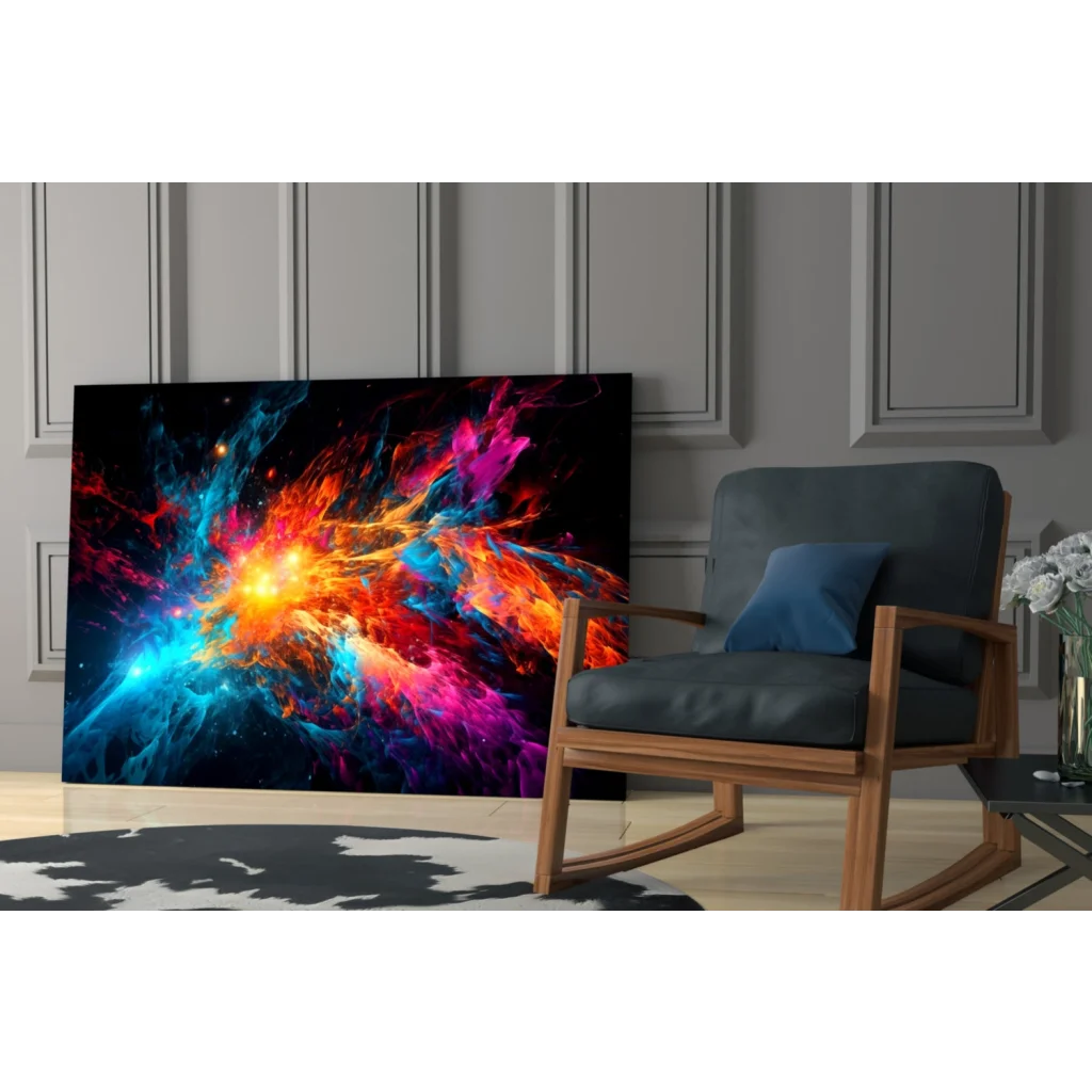 Vibrant cosmic nebula glass wall art print with swirling orange, pink, blue, purple hues on black