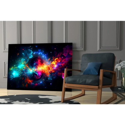 Vibrant cosmic nebula glass wall art print with swirling galaxy colors