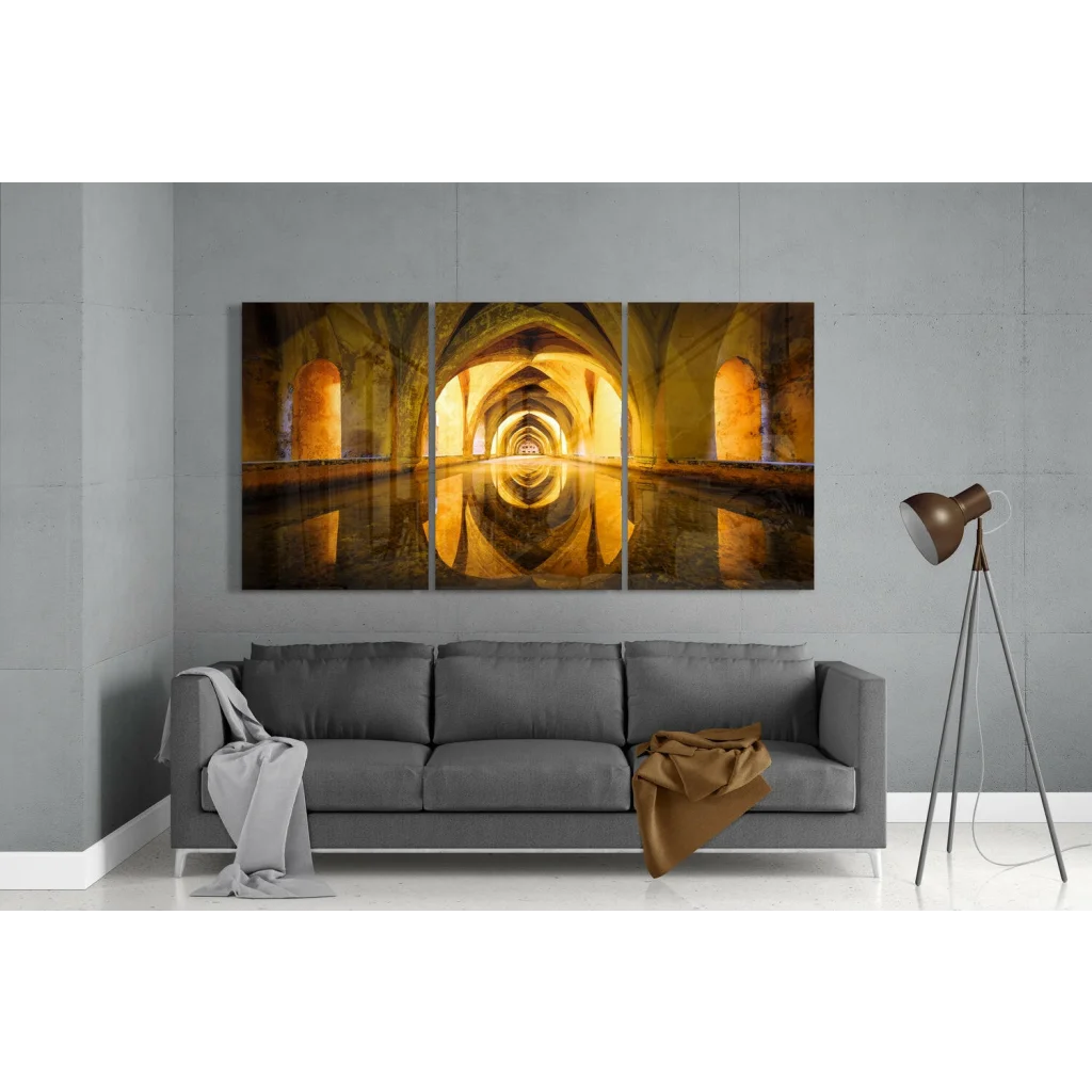 Golden arched tunnel three panel canvas wall art with water reflection