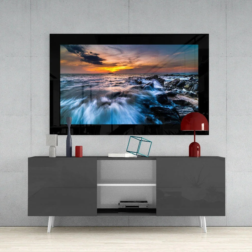 Stunning Ocean Waves Glass Wall Art with Black Frame | Contemporary Home Wall Art | vintageantiquesgifts.com