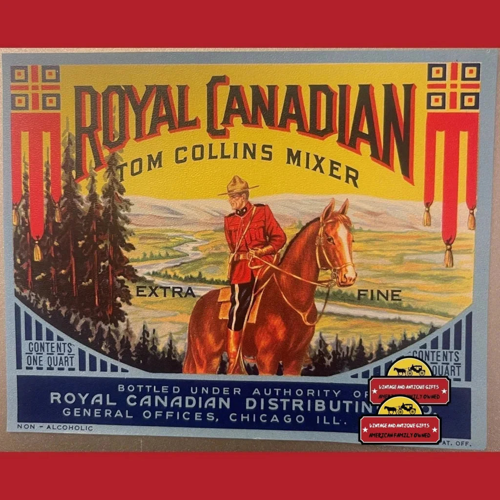 Vintage Royal Canadian Tom Collins Mixer poster with Mounted Police officer displayed