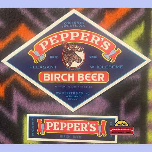 Combo Antique Vintage Pepper’s Birch Beer Labels Ashland Pa 1940s Advertisements and Gifts Home page Rare Combo: