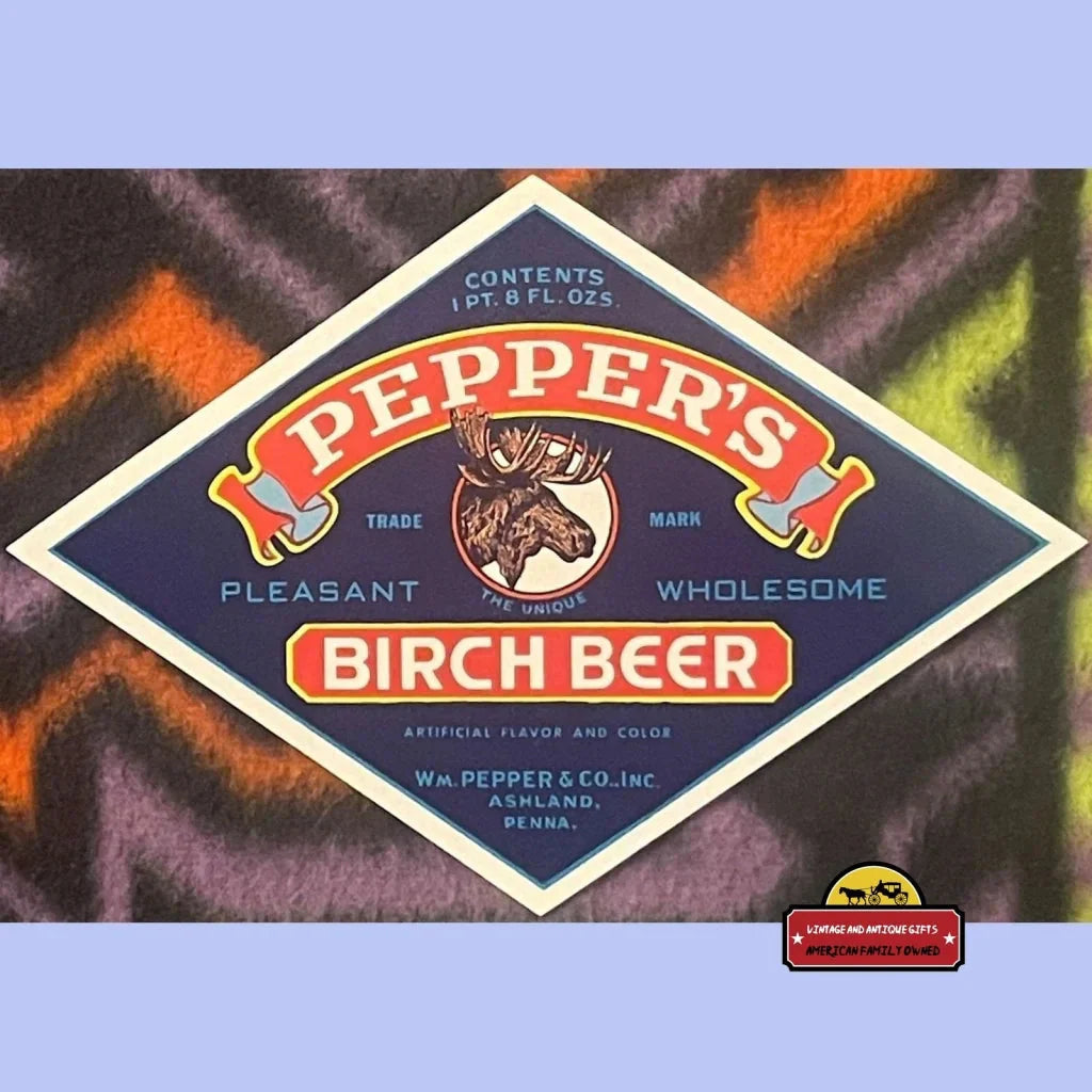 Vintage Pepper’s Birch Beer label with moose head logo from the 1940s Antique collection