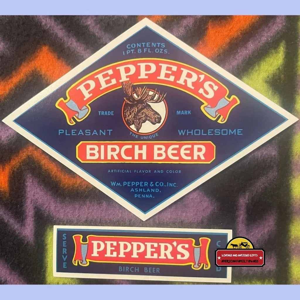 Vintage Pepper’s Birch Beer label with cool moose head illustration from the 1940s