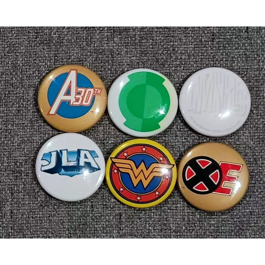 8-pack superhero comic book buttons with iconic logos
