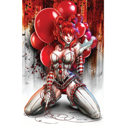 Red-haired clown comic book cover art print on brushed aluminum