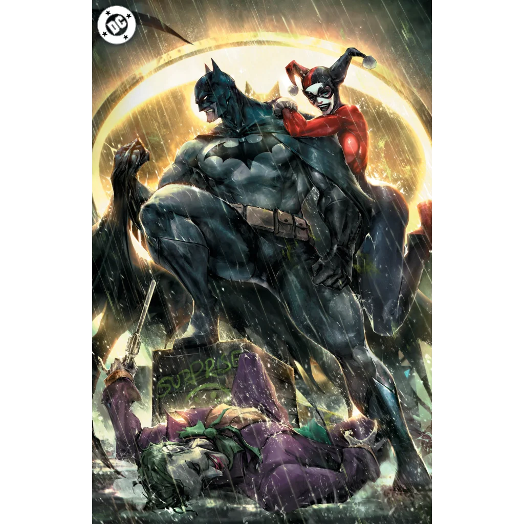 Comic Ivan Tao foil Batman cover with Harley Quinn and Joker in rainy dramatic scene