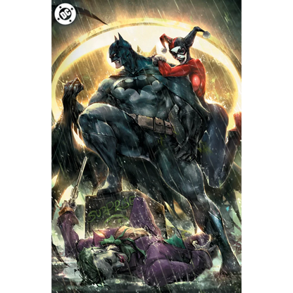 Comic Ivan Tao foil Batman cover with Harley Quinn and Joker in rainy dramatic scene
