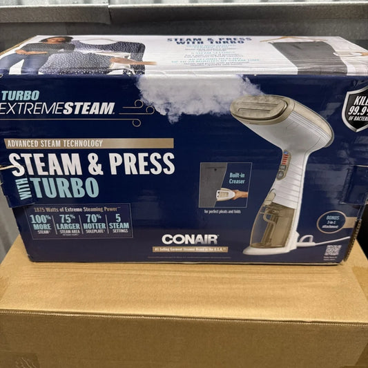 Conair Turbo ExtremeSteam handheld fabric steamer in white and beige