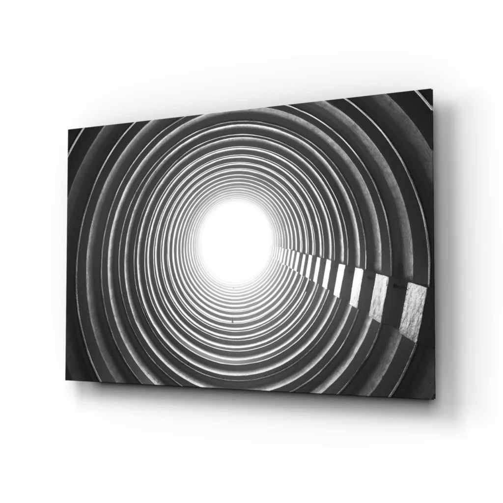 Black and white concentric circles wall art canvas with bright light center