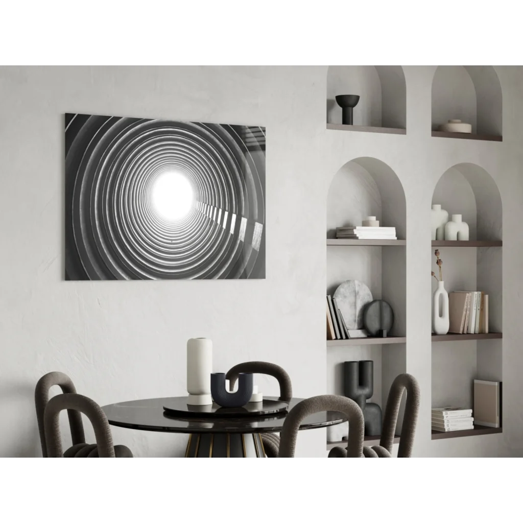 Black and white abstract canvas wall art with concentric circular tunnels and bright light center
