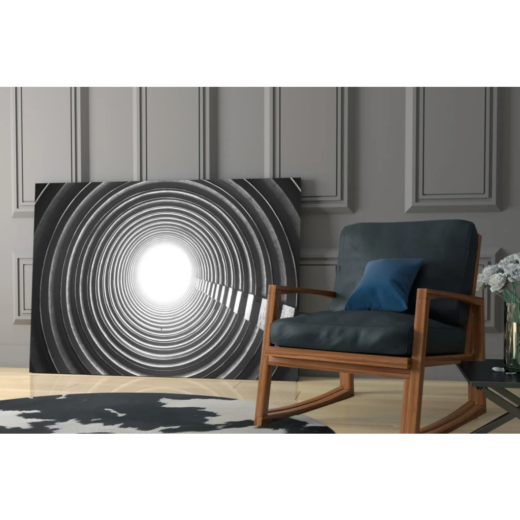 Black and white concentric circles wall art with bright light center