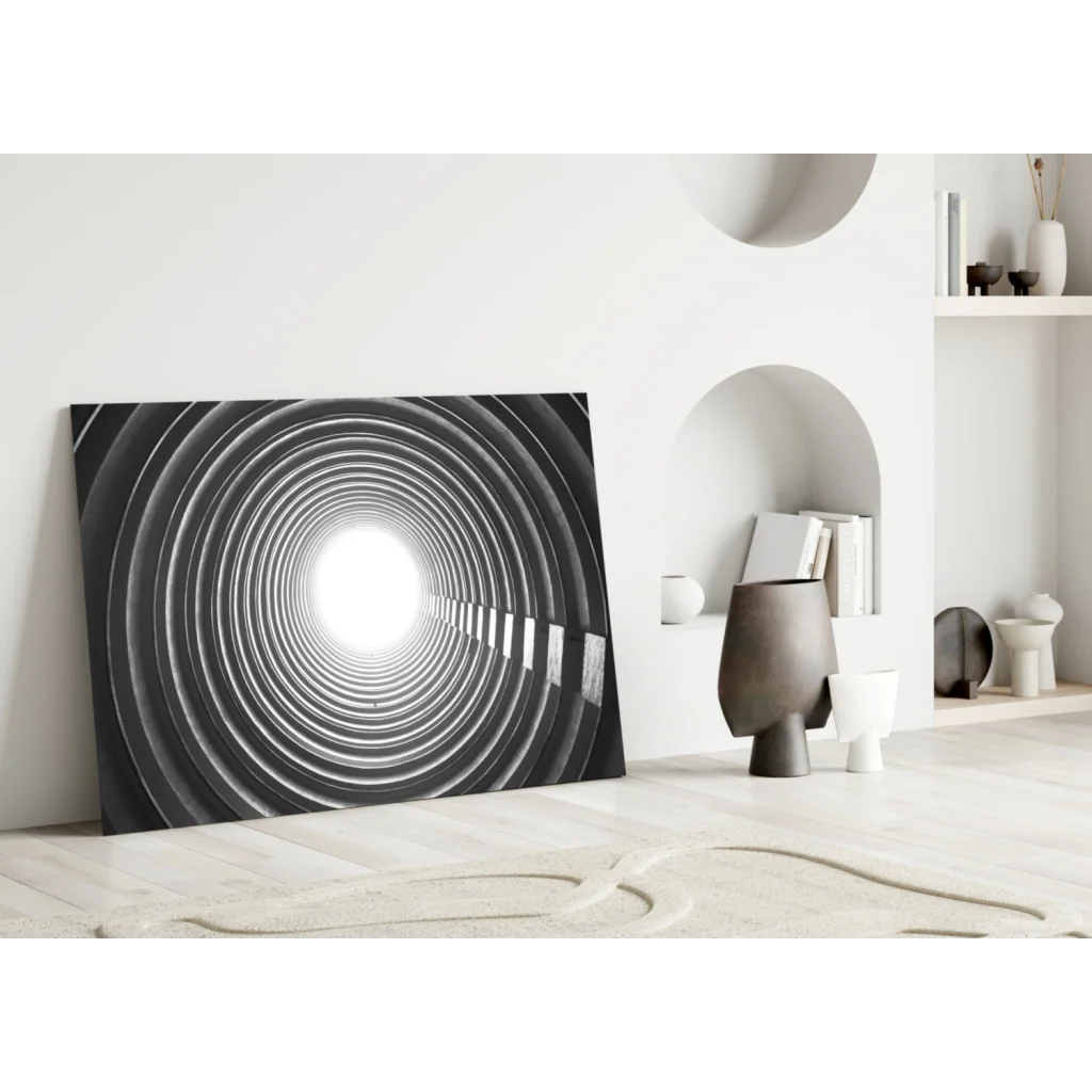 Black and white concentric circles wall art canvas with bright center