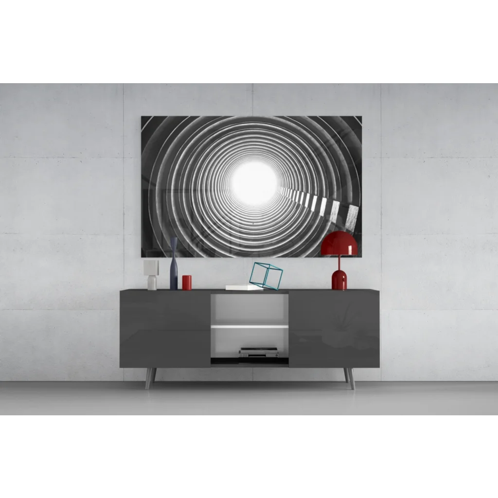 Red dome lamp in Concentric Circles glass wall art with bright center
