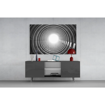 Red dome lamp in Concentric Circles glass wall art with bright center
