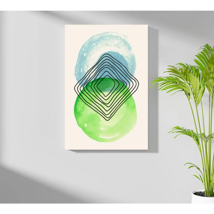 Abstract watercolor aluminum print with concentric black diamonds over green blue splotches