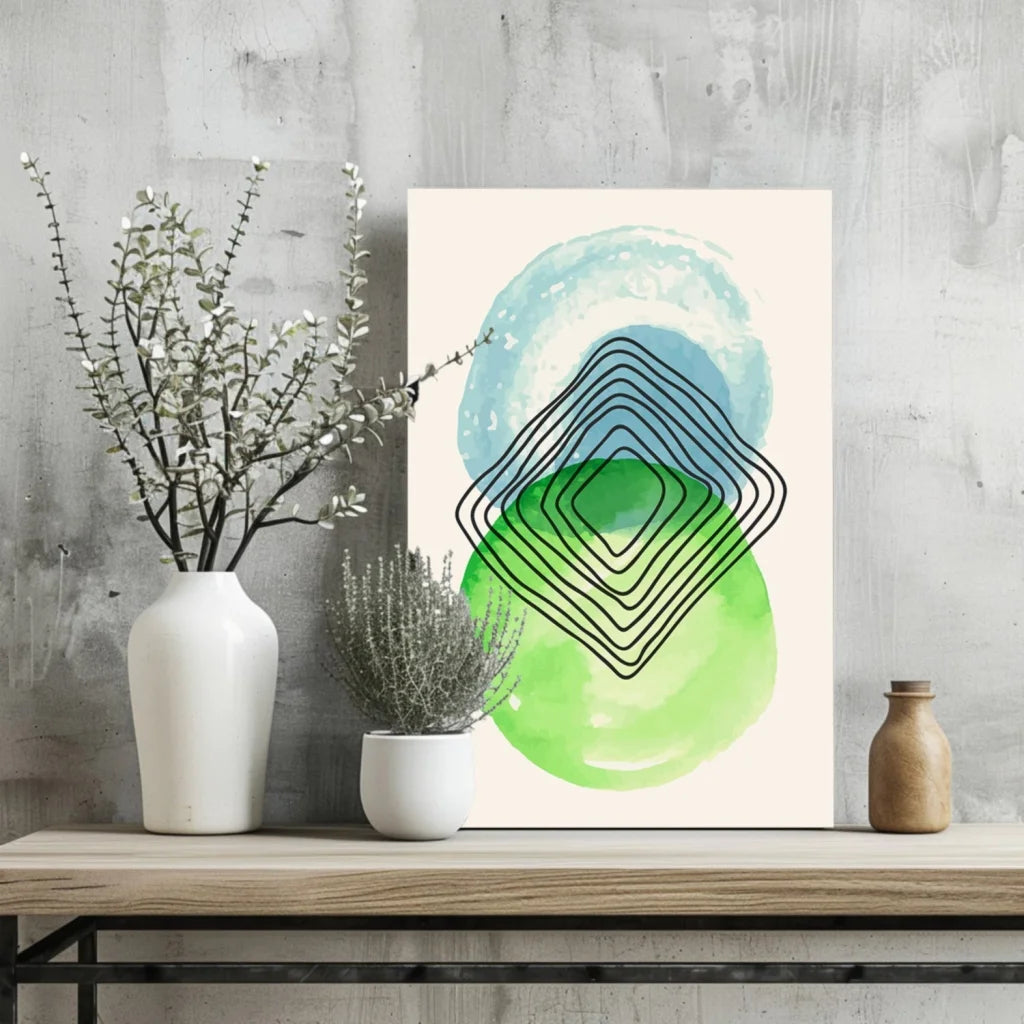 Abstract watercolor concentric circles in green blue on cream aluminum print