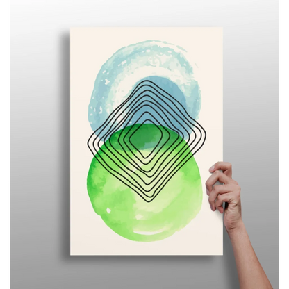 Modern abstract watercolor print of concentric black squares over blue green circles on cream background