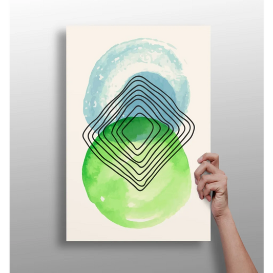 Modern abstract watercolor print of concentric black squares over blue green circles on cream background