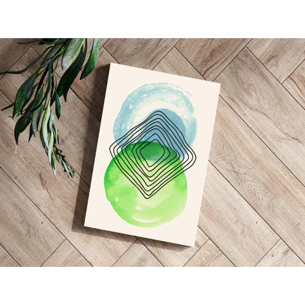 Modern abstract Concentric Circles watercolor aluminum print in blue green on cream