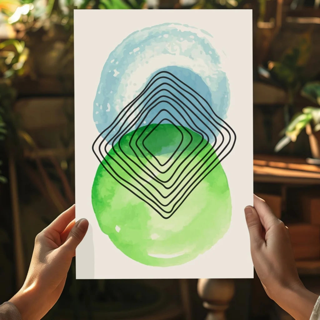Modern abstract watercolor print of concentric black diamonds over blue green circles on aluminum