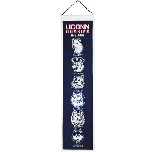Navy blue UConn Huskies heritage banner with white trim and mascot silhouettes