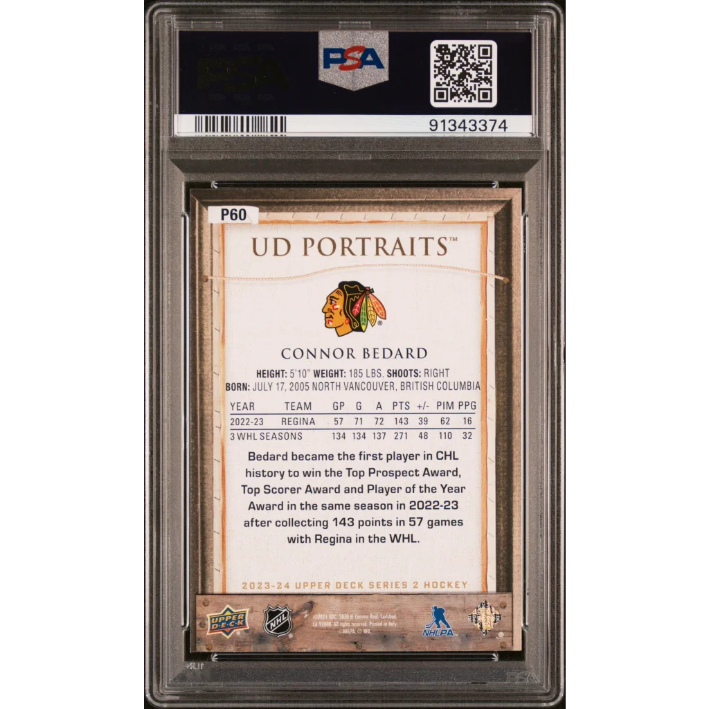 Connor Bedard gem mint 10 PSA graded rookie card 2023 Upper Deck