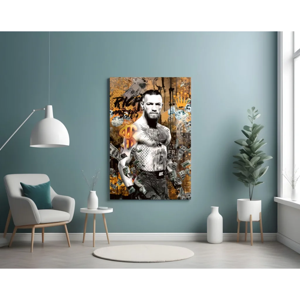 Conor McGregor gold money canvas wall art print on teal wall