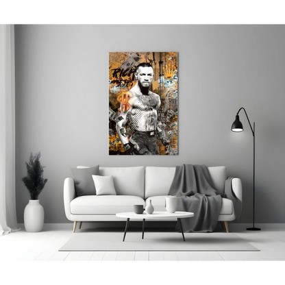 Conor McGregor gold money canvas wall art print of muscular bearded tattooed man in tank top