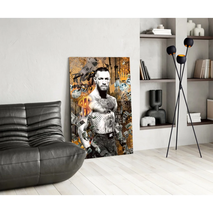 Conor McGregor gold money canvas wall art with black leather sofa