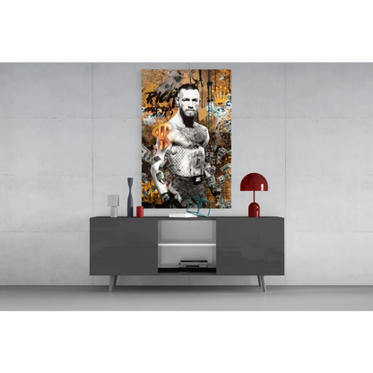 Conor McGregor gold money canvas wall art print with minimalist sideboard