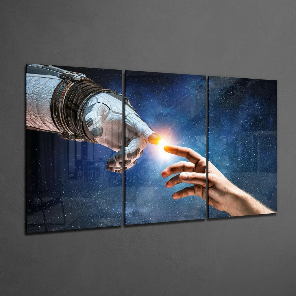 Futuristic astronaut hand reaching human hand in starry cosmic wall art triptych