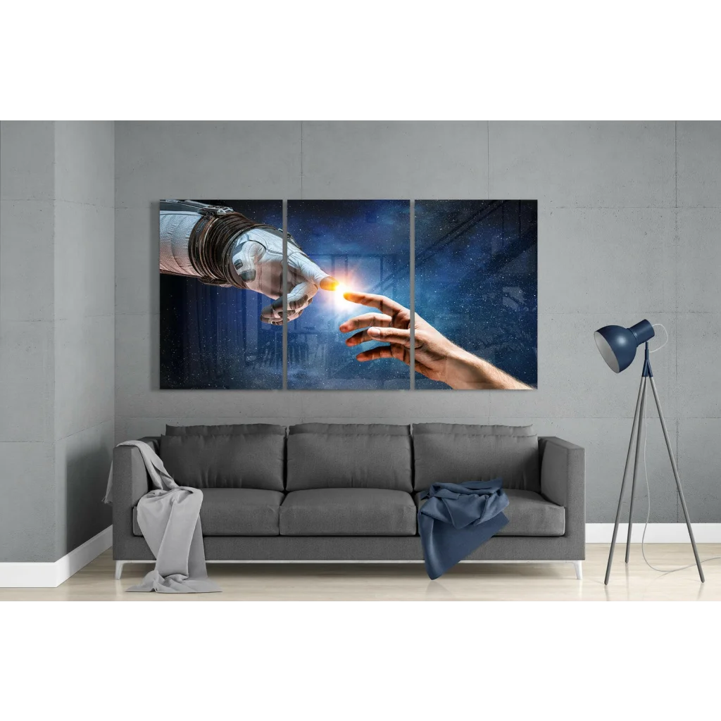 Cosmic Touch three-panel wall art: robotic and human hands touching with glowing light on blue cosmic background